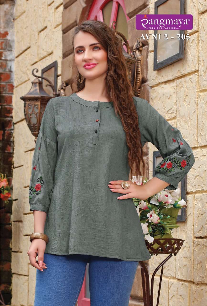 Rangmaya-avni Vol-2-fabric-rayon-imported-sleeves-work-short-top-kurti-205